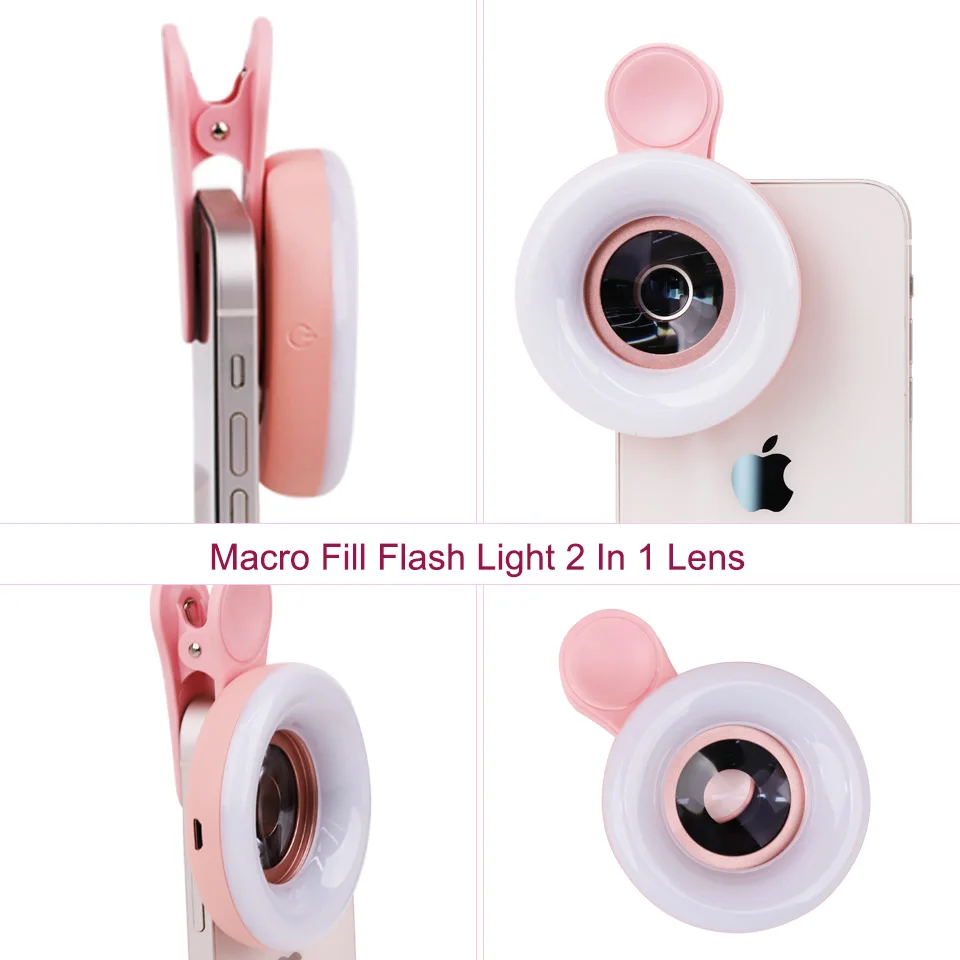모바일용 새 렌즈 15배율 필링 링 라이트 셀카 라이브 램프 카메라 렌즈 LED 유니버설 플래시 스마트폰 휴대용 라이트 클립 포함