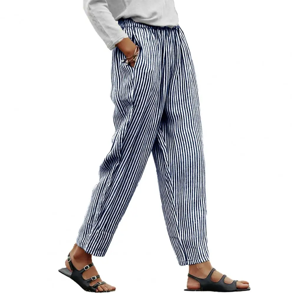 

Women Spring Long Pants Elastic Loose Trousers Striped Print Harem Pants брюки женские