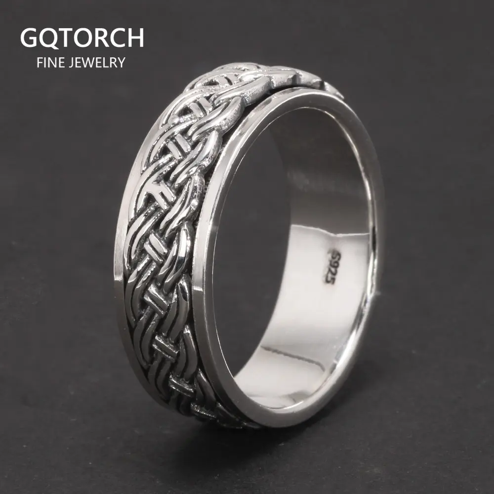 

Rotatable Mens Rings Vintage Punk Hemp Rope Design Real 925 Sterling Silver Fine Jewelry