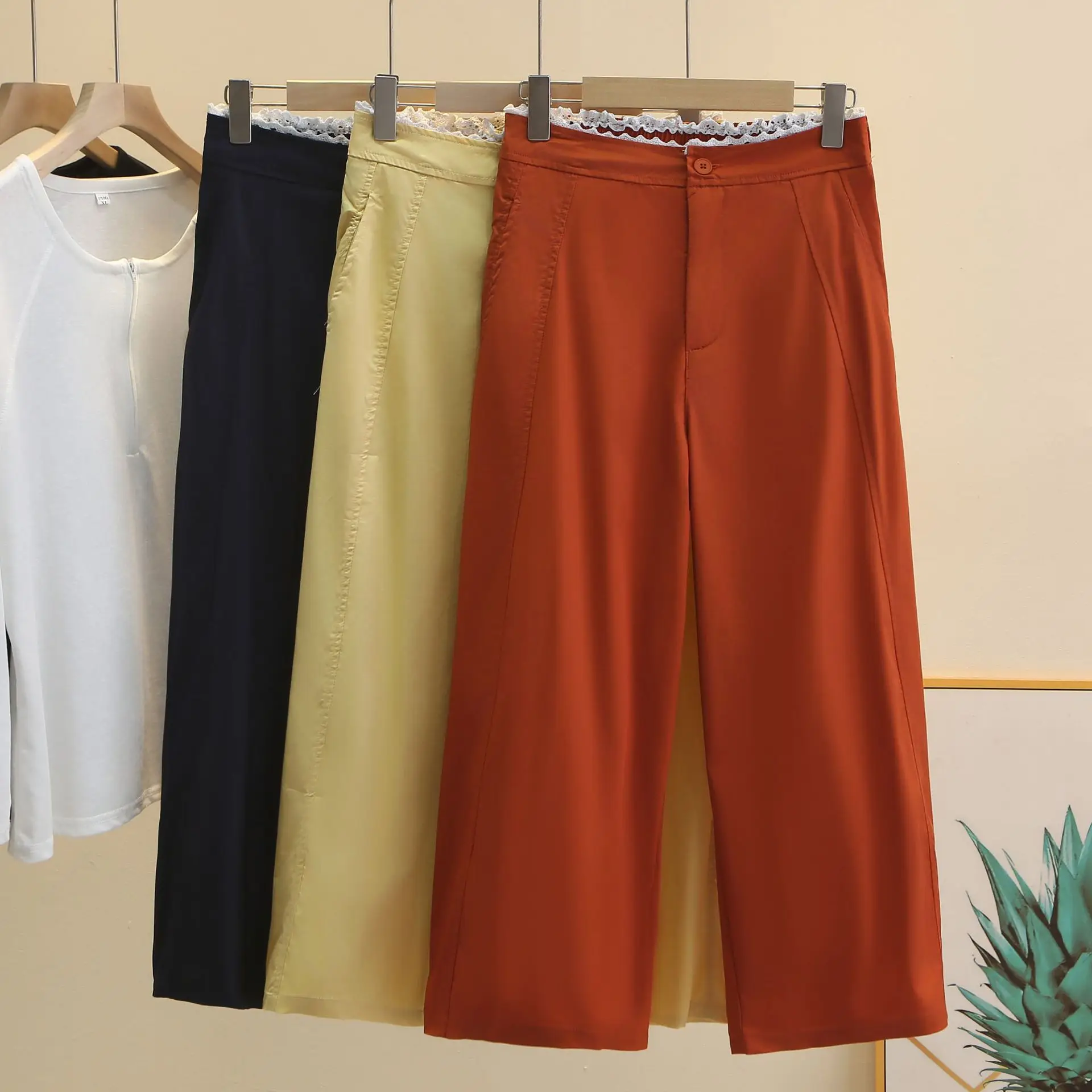 Fashion Plus Size Women's Pants Autumn New Style Lace Waist Casual Ankle Length Wide Leg Bottoms 8517