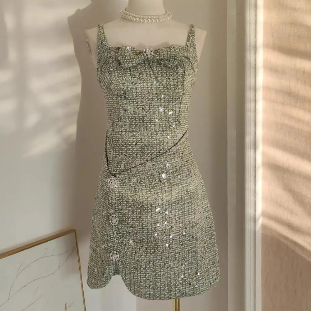 Женское-твидовое-платье-мини-элегантное-приталенное-зеленое-платье-с-блестками-и-бантом-плиссированное-Привлекательное-платье-в-стиле-ретро-весна-2024
