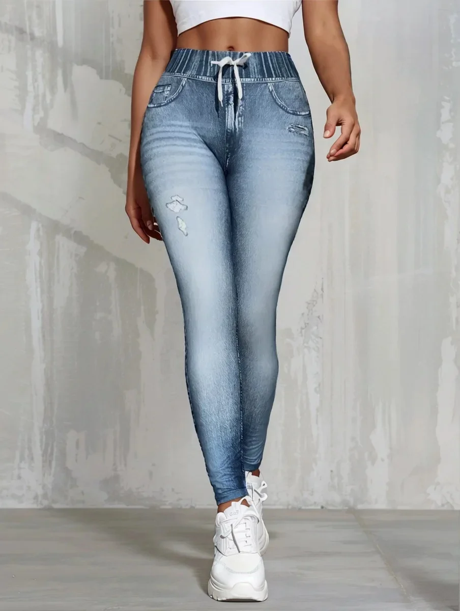 جينز نسائي بقصة ضيقة وجيب خلفي مرن ومطرز وقابل للت...