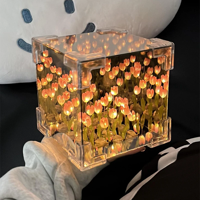 야광 튤립 야간 조명 수제 DIY 재료 꽃 장미 거울 분위기 램프, 3D 입체 침대 옆 램프, 소녀 선물