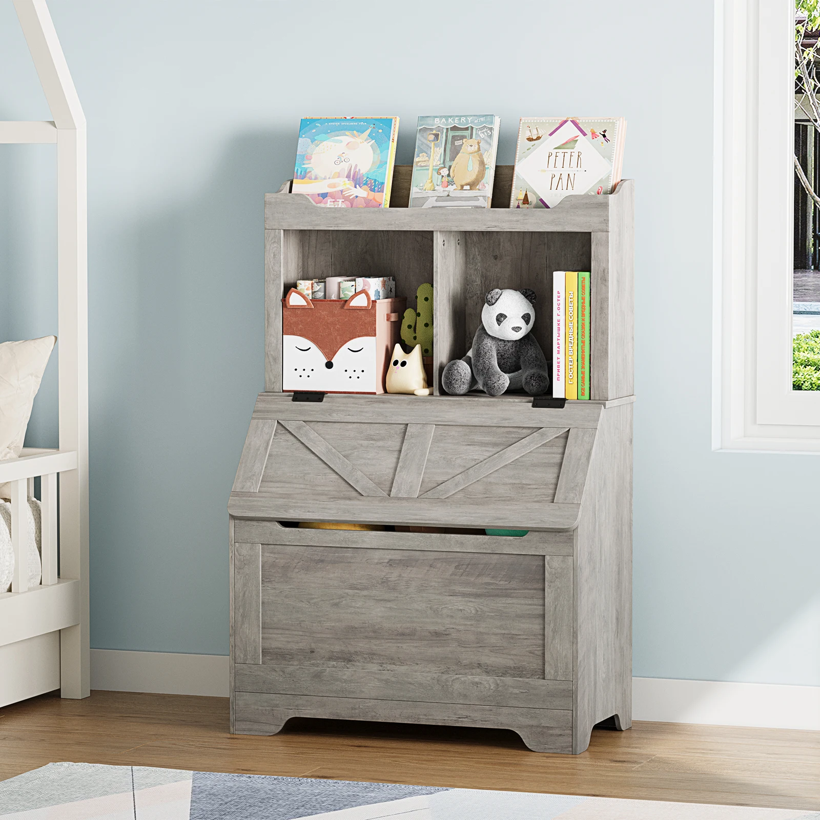 Kinder-Bücherregal aus Holz, Kinder-Bücherregal und Spielzeugaufbewahrung mit Klappdeckel und Tasche, Aufbewahrungsschrank aus Holz für Spielzimmer, Schlafzimmer – Detail 8