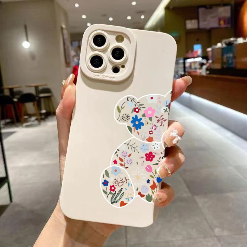Floral Bear Design Shockproof Silicone Phone Case