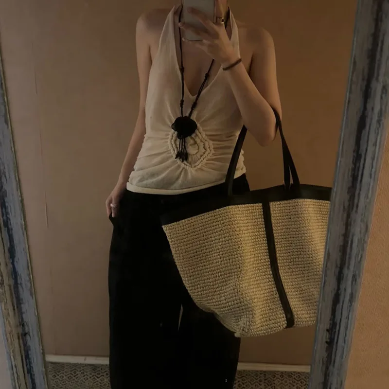 NEW Handcrafted Straw Weaving Beach Women's Shoulder Large Capacity Tote Bag Summer Holiday Bucket Bag
