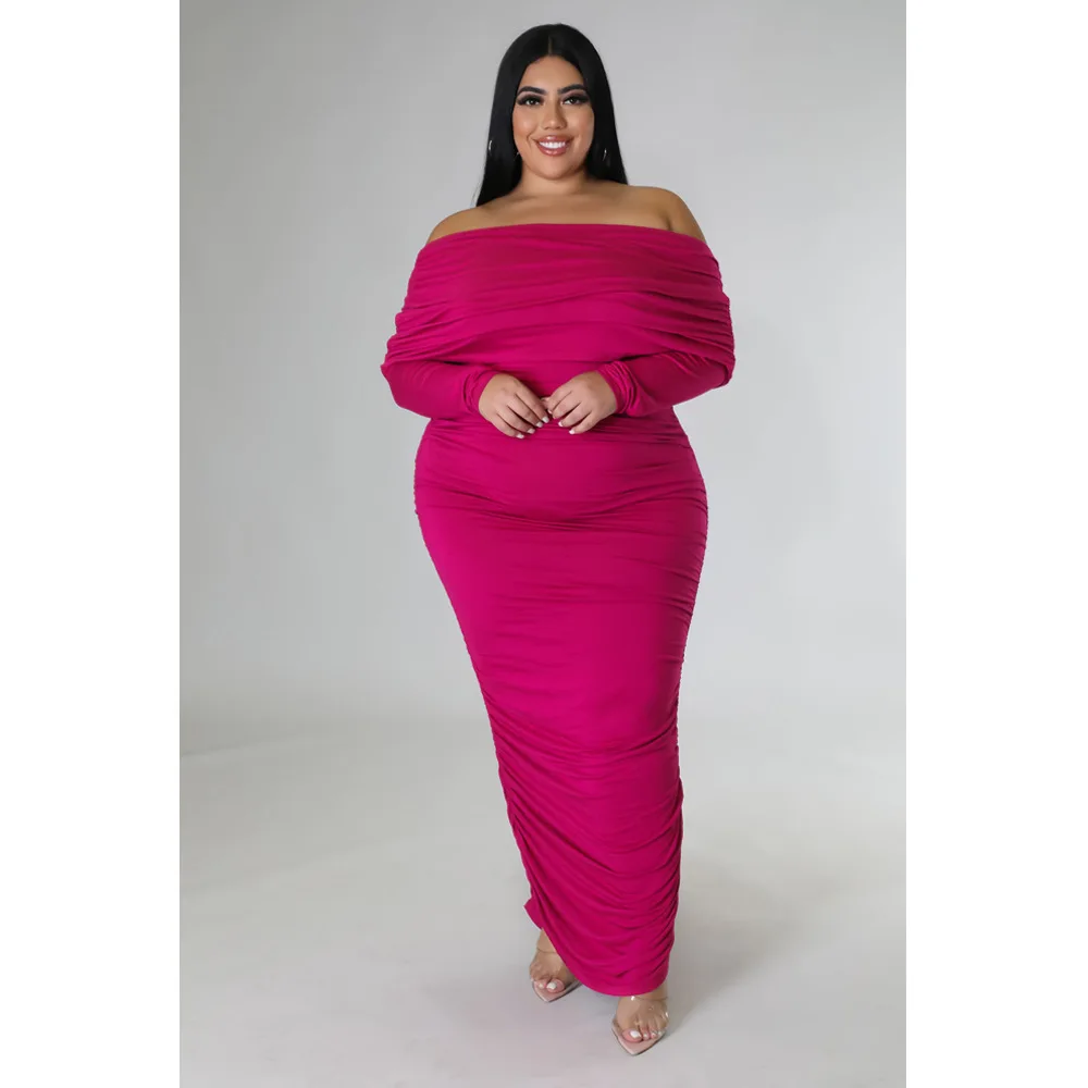 

Plus Size Elegant Stacked Long Dress for Women Sexy Slash Neck Long Sleeve Ruched Bodycon Evening Club Party Dresses Robe Femme