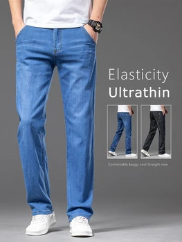Jeans dritti da uomo sottili estivi Pantaloni classici in denim larghi da lavoro casual elasticizzati neri blu Pantaloni di marca maschile 1