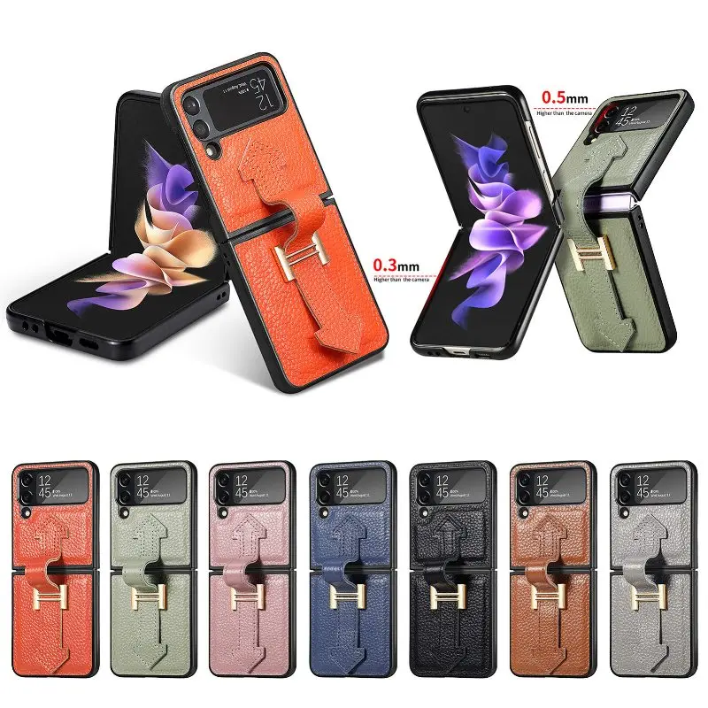 

Luxury Solid Color Leather Finger Ring Flip Phone Case For Samsung Galaxy Z Flip 4 3 Protection Shockproof Folding Back Cover