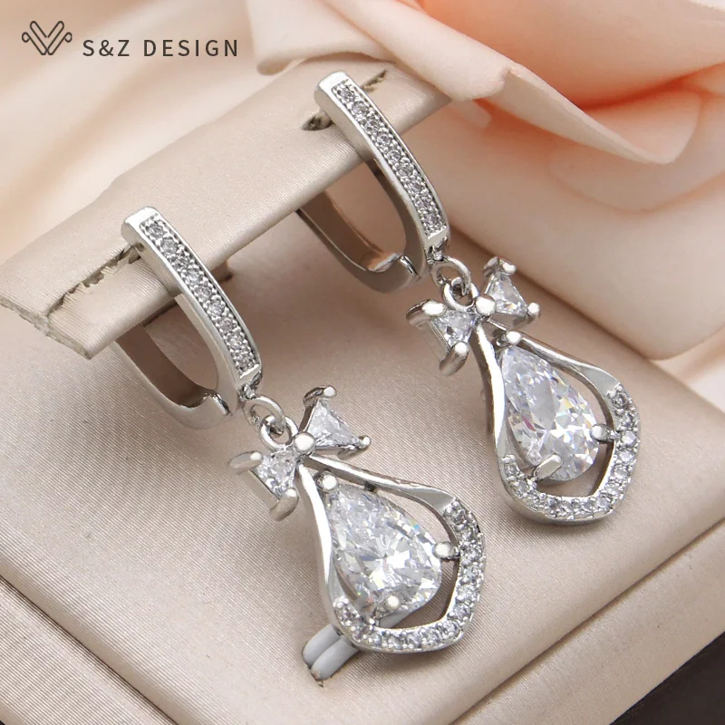 S&Z DESIGN New Fashion Water Drop Cubic Zirconia Bowknot Dangle Earrings For Women Wedding 585 Rose Gold Color Jewelry Gift