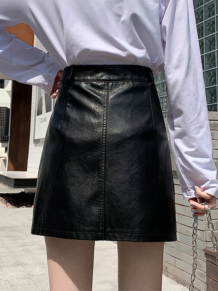 Summer 2022 New Pu Sexy Punk Skirt Leather Botton Club A-Line Solid Fashion Black Hippie Pencil Mini Skirts Women Clothes S-5XL black denim skirt
