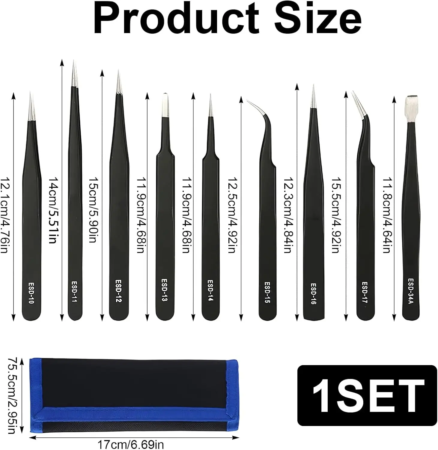 Kit 11 pièces pinces à épiler ESD antistatiques pour réparation électronique