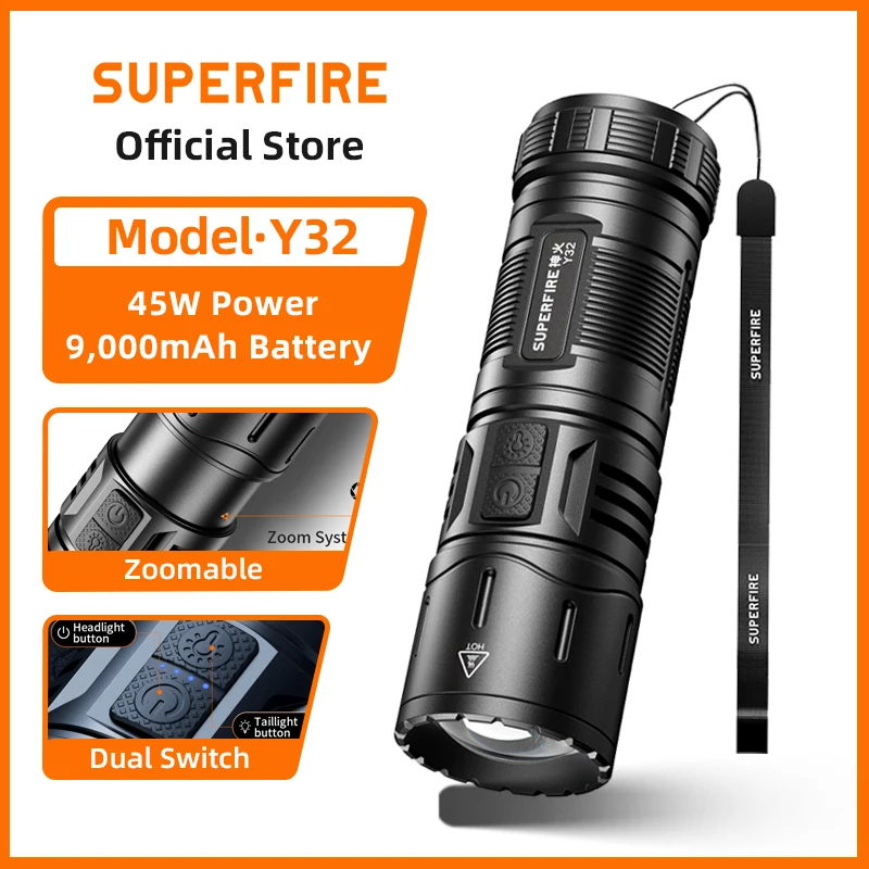 SUPERFIRE Y32 고출력 LED 손전등 2500 루멘 슈퍼 밝은 충전식 휴..