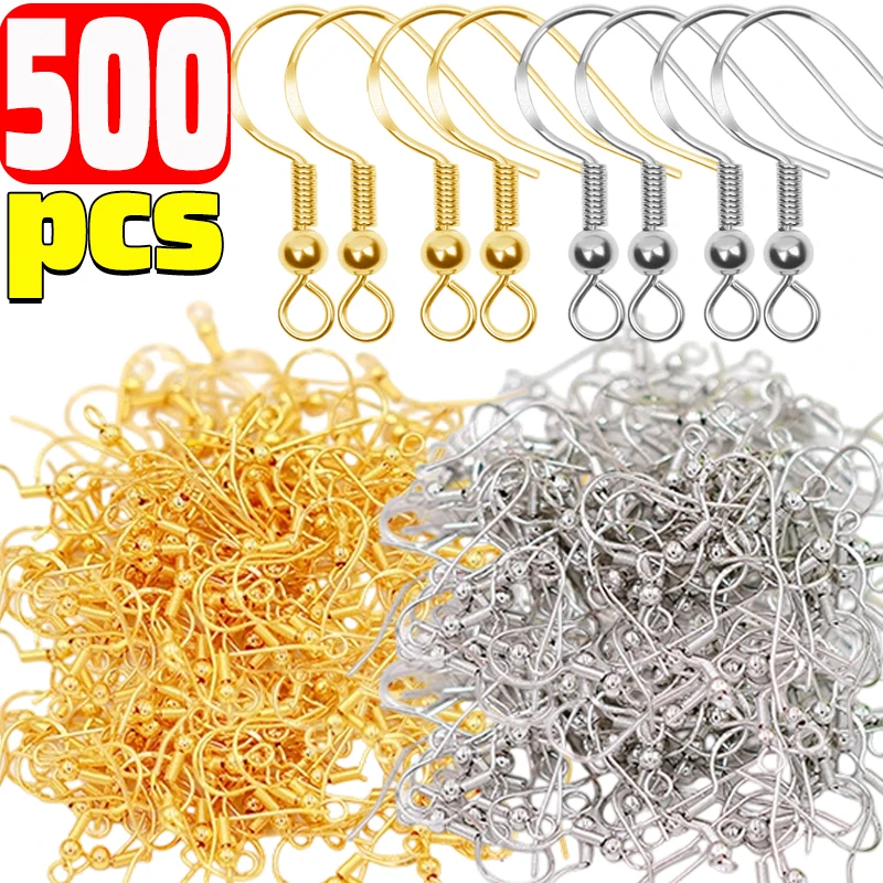Ganchos para pendientes de acero inoxidable, 100/500 Uds., dorados y plateados, DIY, hipoalergénicos, suministros para pendientes, piezas de joyería