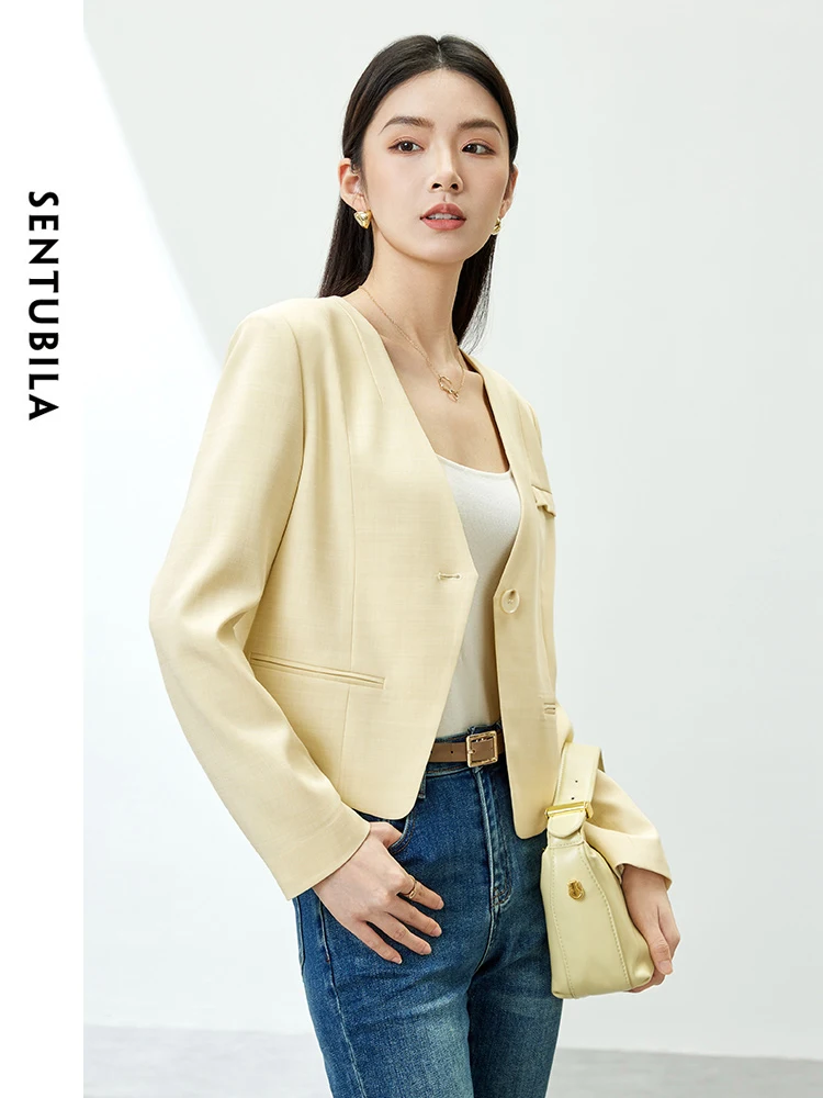 SENTUBILA Casual V-neck Cropped Blazer Coat Woman 2024 Spring Comfort Straight Elegant Suit Jacket Women's Outerwear 141X53363