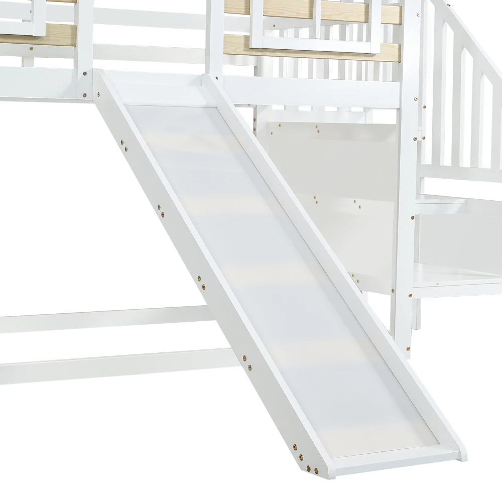PINGGO Weißes Holz-Etagenbett 90x200cm mit Treppe, Rutsche, Fenster, Blockhaus-Design, Absturzsicherung, Massivholzrahmen, ohne Matratze – Detail 21