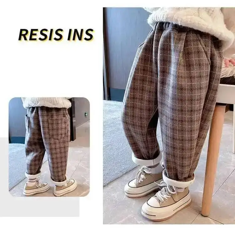 Herbst Winter Kinder Hosen 1-10Y Mädchen Dicke Warme Fleece Plaid Tweed Lose Gerade Hosen Koreanische Kleinkind Tragen Kinder Kleidung – Detail 2