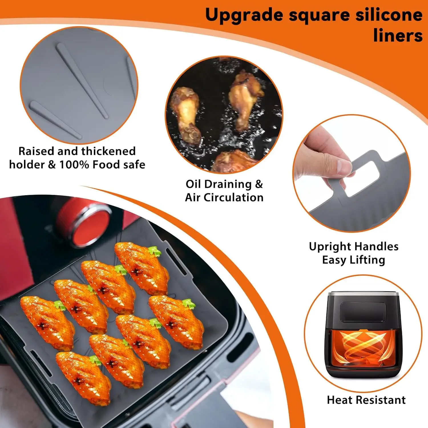 Air Fryer Liners 23cm Square Large Silicone 9Inch Reusable Air Fryer Tray Basket Mold for 6 to 8QT For Ninja