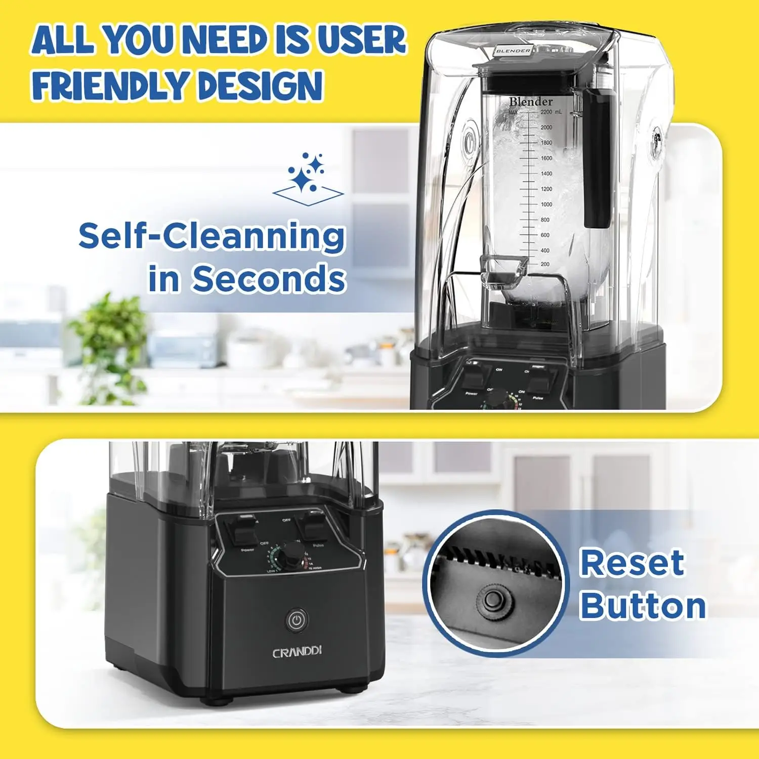 Commercial Blender with Soundproof Shield, 2200 Watt Professional Blenders for Kitchen with 80oz Jar and Self- 5
