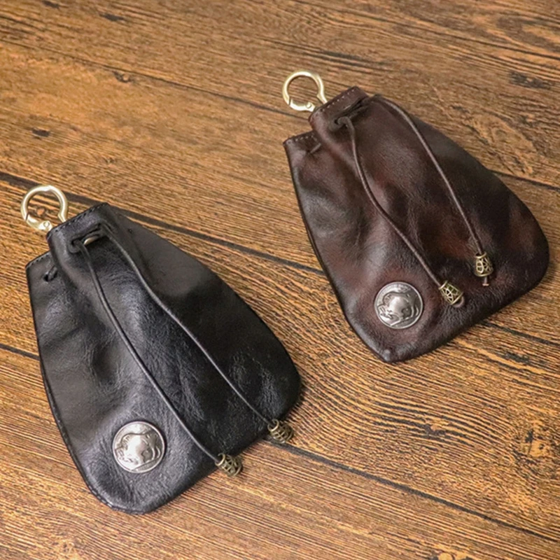 Genuine Leather Coin Purse For Women Men Vintage Handmade Small Drawstring Pocket Storage Bag Keyring Card Holder Case