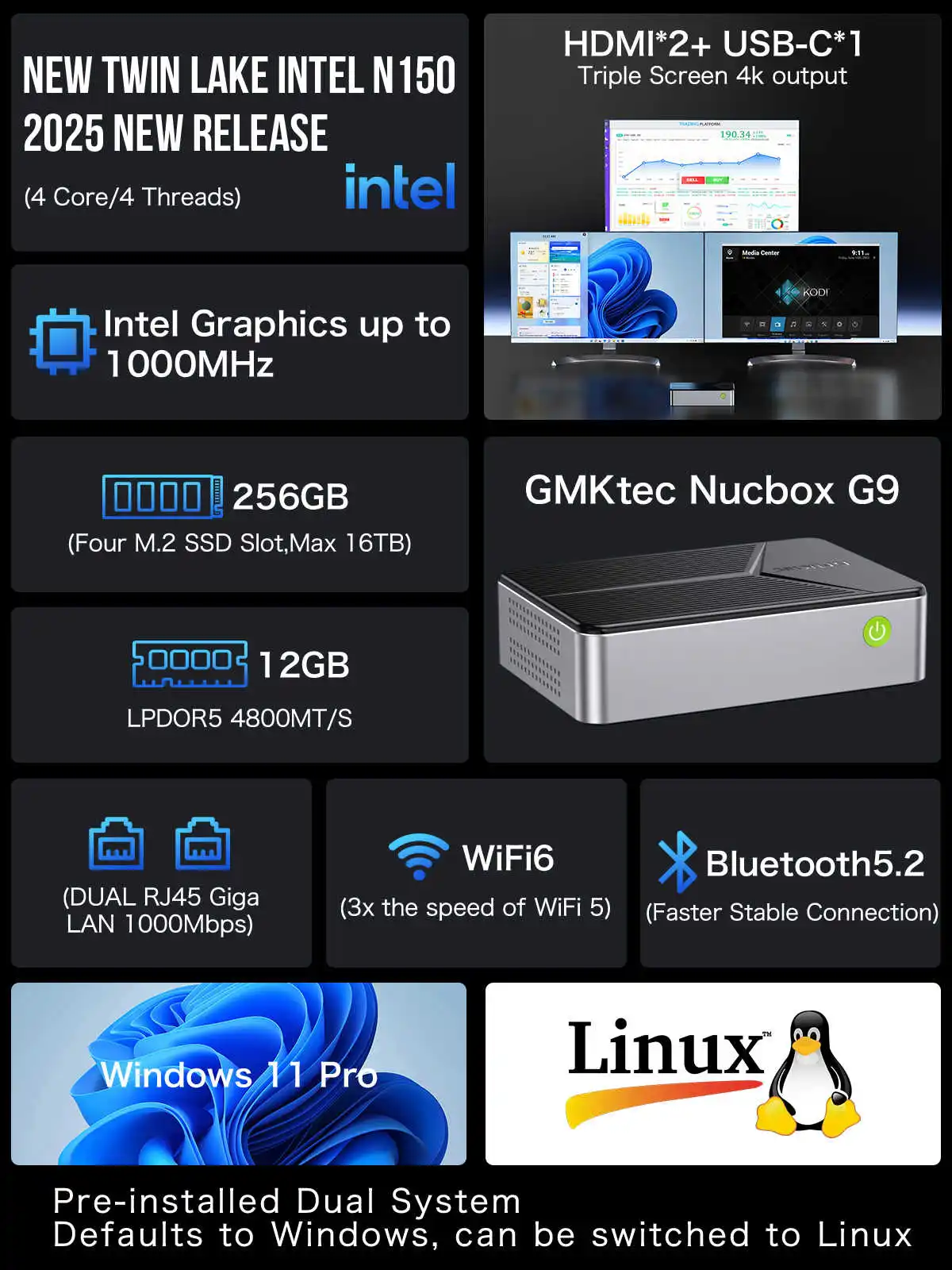 GMKtec G9 4-Bay Mini PC NAS Intel N150 M.2 NVMe Slots Homelab Server 12G LPDDR5 64GB eMMC Ubuntu 2x2.5G Firewall Computer WiFi6 2