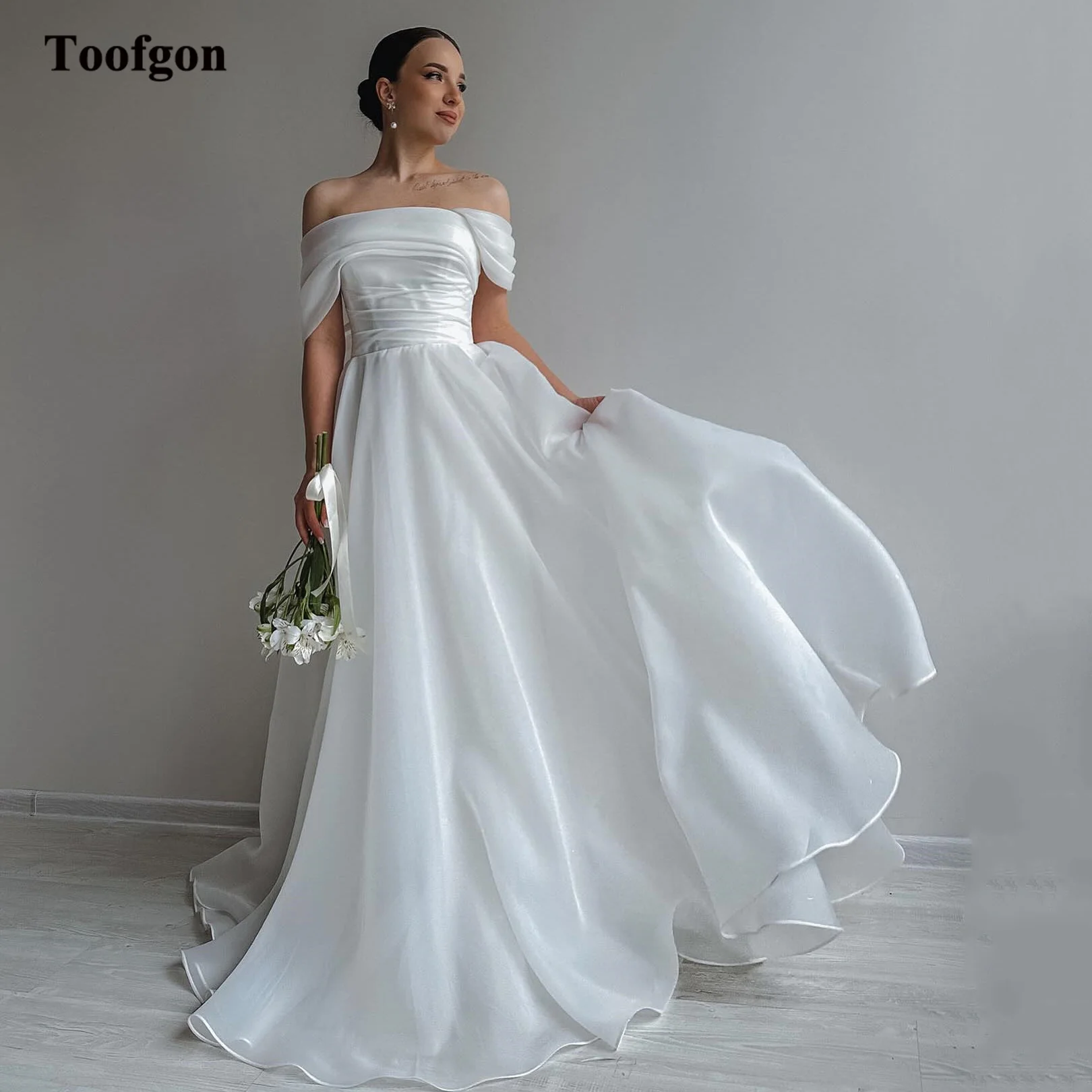 

Toofgon A Line Organza Wedding Dresses Off The Shoulder Corset Back Pleated Bride Wedding Party Bridal Gowns Women Formal Dress