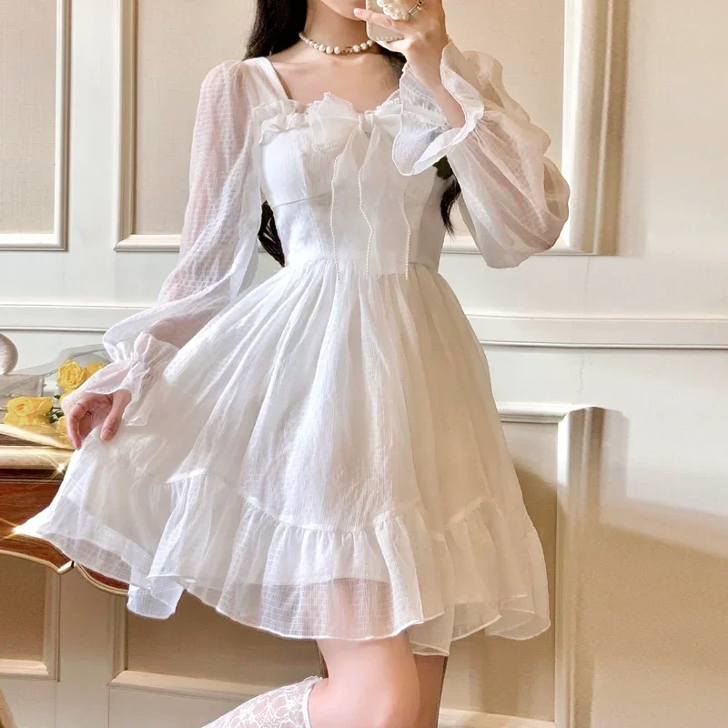 

French Sweet Fairy Lolita Dress Women Long Sleeve Lace Y2k Mini Dress Vintage Kawaii Clothes One Piece Dress Korean 2024 Summer