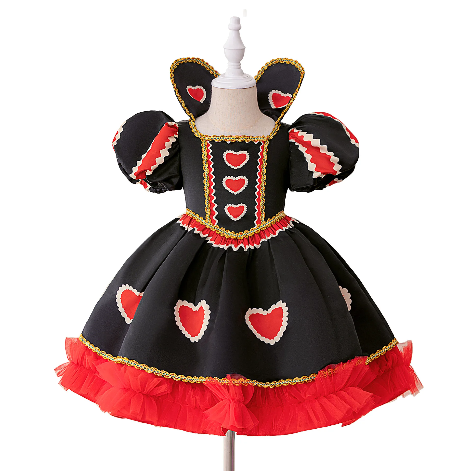 Mädchen Rotes Herz Prinzessin Kleid Kinder Puff Sleeve Spleißen Farbe Puffy Kleid Geburtstag Party Outfit Halloween Kostüm Für Kind – Detail 2