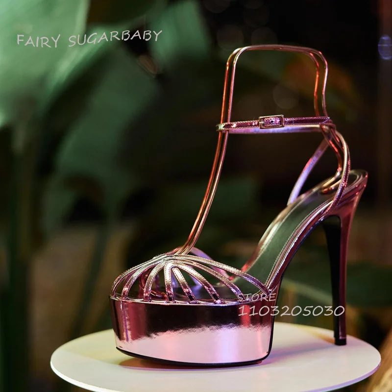 

Mirror Shiny Pink Platform Mesh Hollow Heels Woman Shell Cover Stiletto Gold Sandals Spring Dress Fuchsia Leather Buckle Shoes