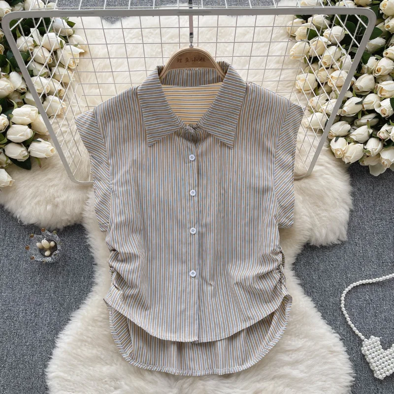 

Summer New Fashion Niche Design Sense Polo Collar Sleeveless Striped Shirt Women's Casual Loose Foreign Style All-match Top Tide