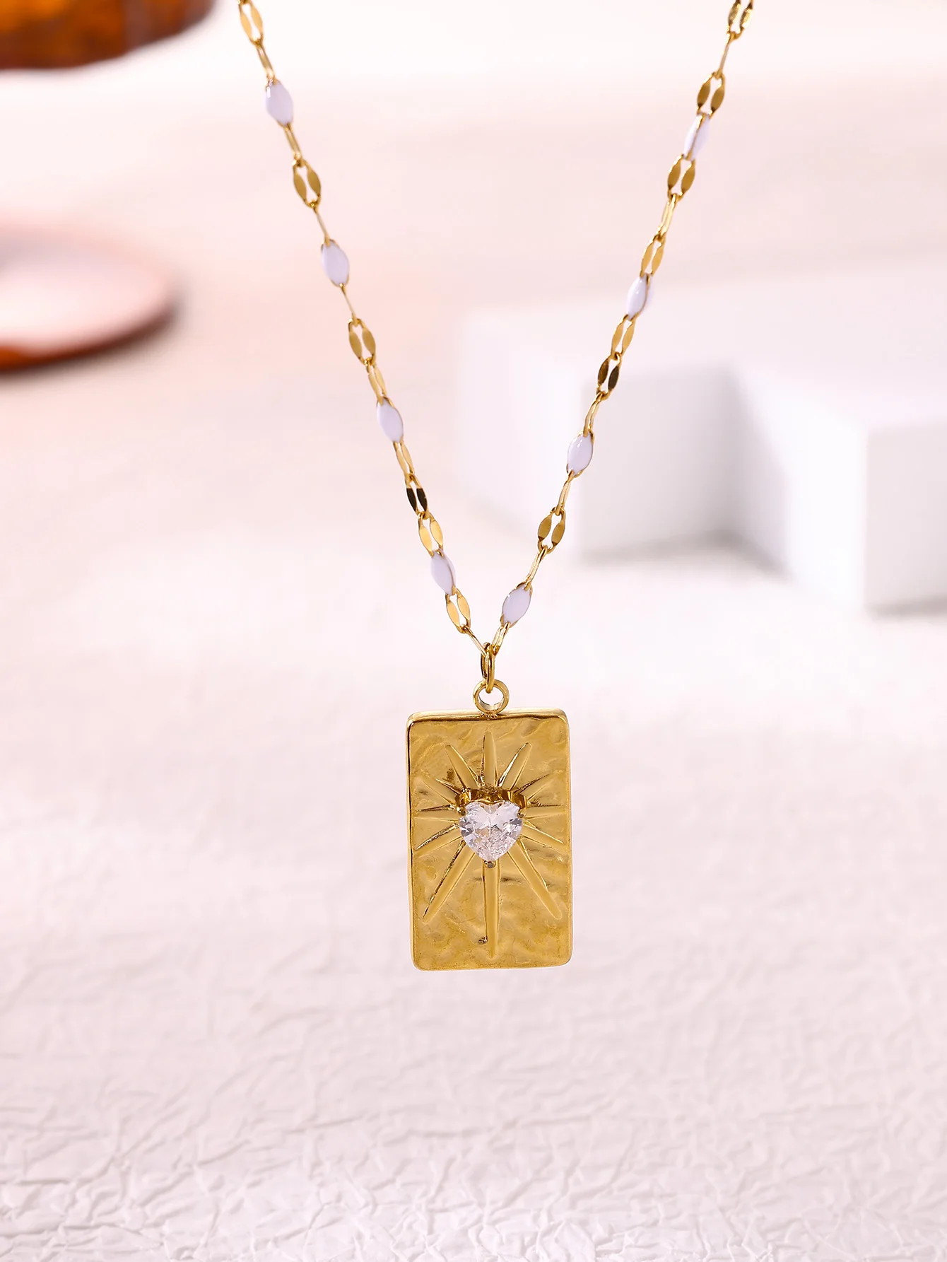 Zircon Heart Square Pendant Necklace for Women Gold Color Stainless Steel