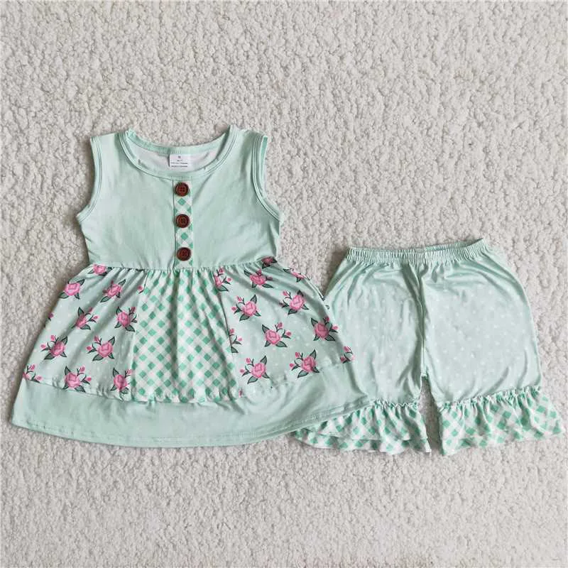 

Toddler RTS New Summer Sleeveless Ruffles Flowers Print Baby Girls Children Wholesale Boutique Outfits Clothing Sets