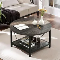 Round Coffee Table,  2 Tier Circle Table with Open Storage Shelf, Rustic Wood Coffee Table with Metal Frame, Easy Assembly 1