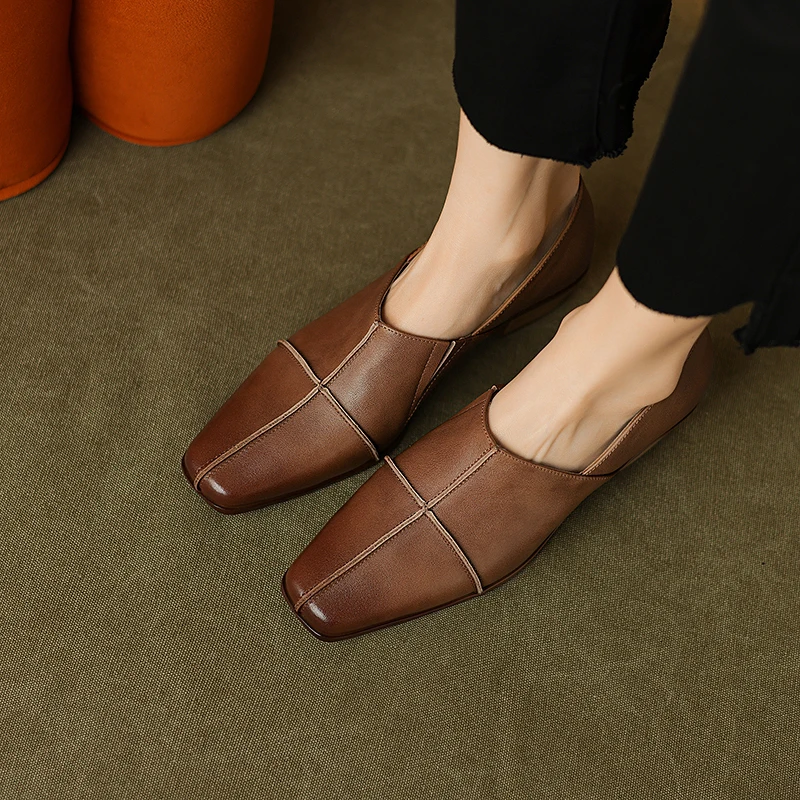 

2024 spring Women's pumps 22-24.5cm length natural leather soft cowhide+pigskin full leather square toe brush color heel women