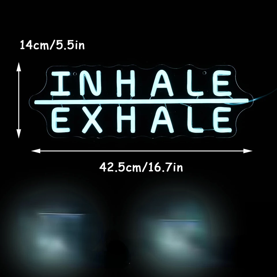 Neonschild „Inhale Exhale“ – Eisblau, Dimmbar, 42,5x14 Cm – USB-betrieben, Für Yoga, Pilates & Deko