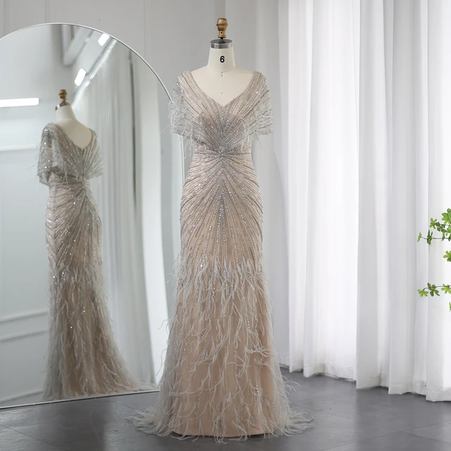 Luxury Dubai Feathers Khaki Mermaid Evening Dresses 2024 Elegant for Woman Wedding Party Gowns Cape Sleeves 210 2