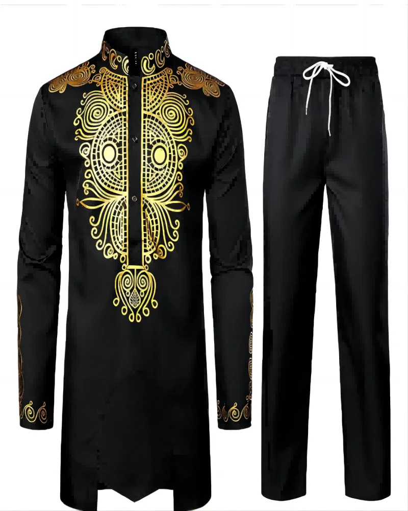 Daupanzees Comfy Mens African 2 Piece Set Traditional Suit Dashiki  Long Sleeve Gold Print Button Down Shirt and Pants Outfit