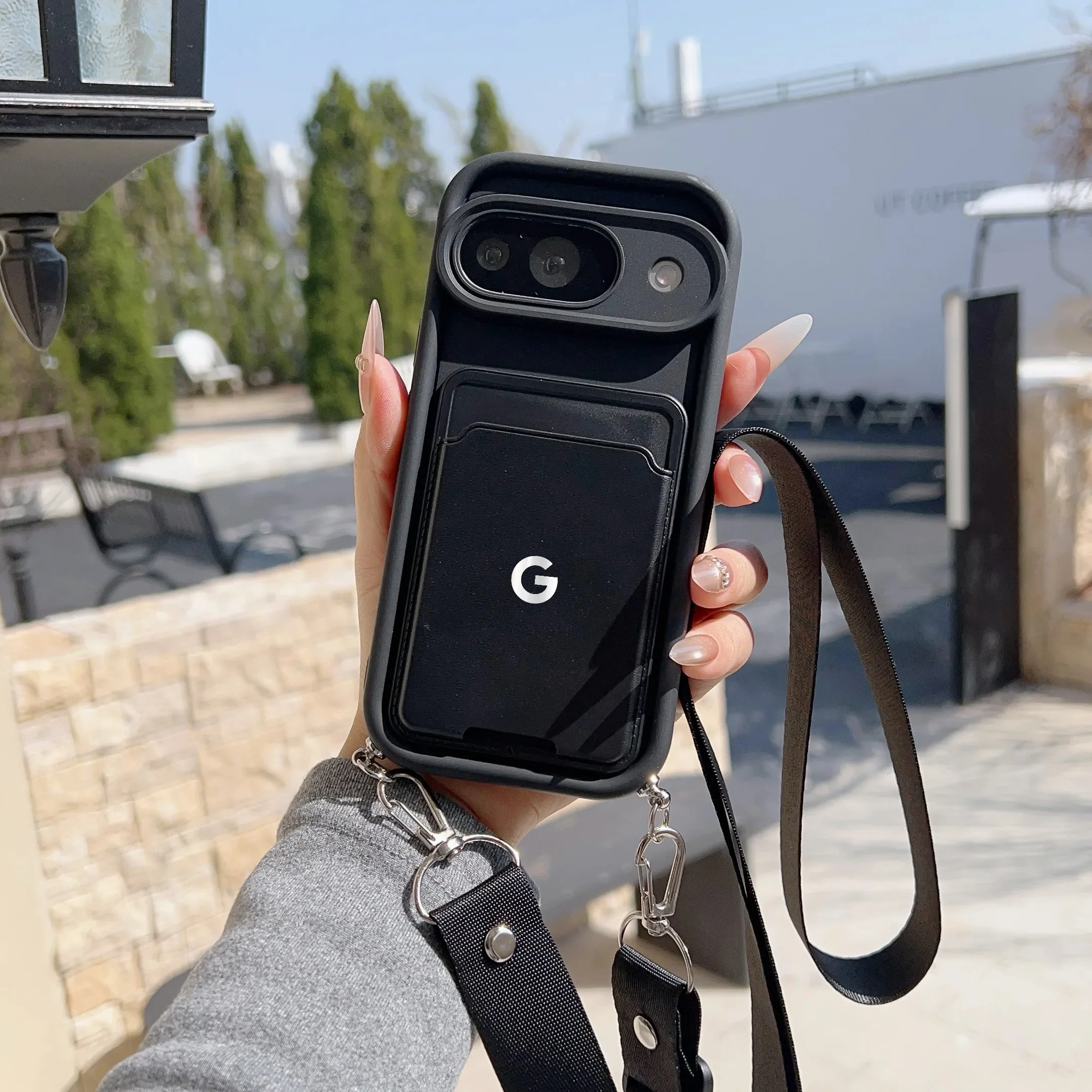 Soft Silicone Card Holder Wallet Case with Adjustable Crossbody Lanyard and Raised Lens Frame