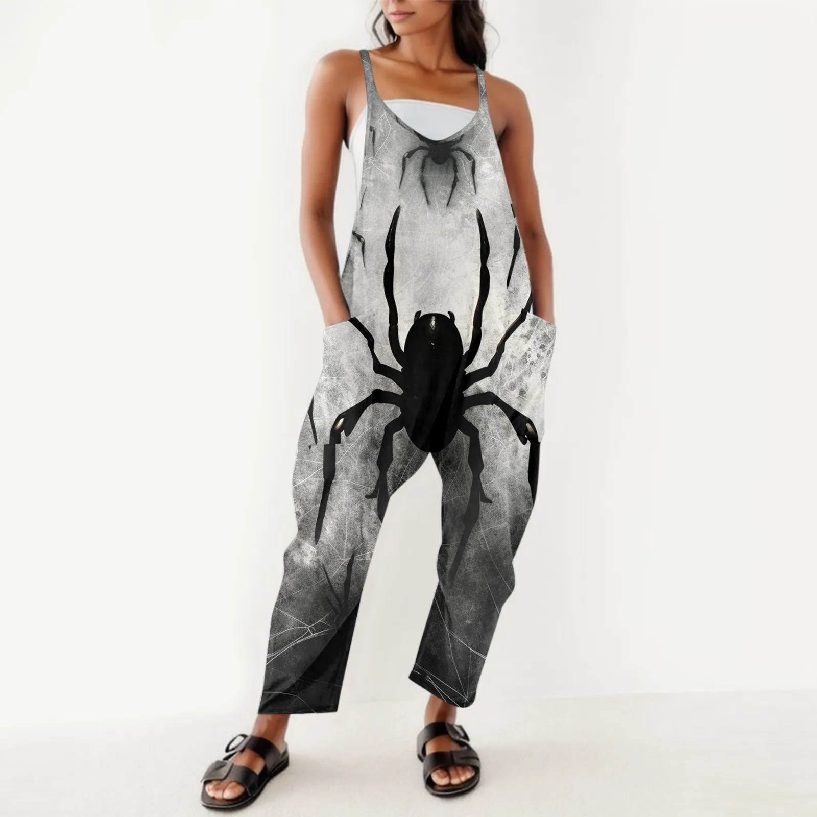 

Halloween Fashion Casual Loose Sleeveless Jumpsuit Women Strap Pants Female Spider 3d Print Splicing Suspender Straight Trousers