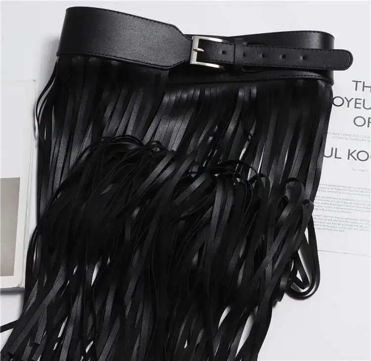 LANMREM Basics PU Leather Skirt Women Belt Black Color High Street Decoration Full Tassels Skirts Female New Fashion 2DC1326 18 Sfb5e10eb05fd4df0b8eb901de1f6ddcbo