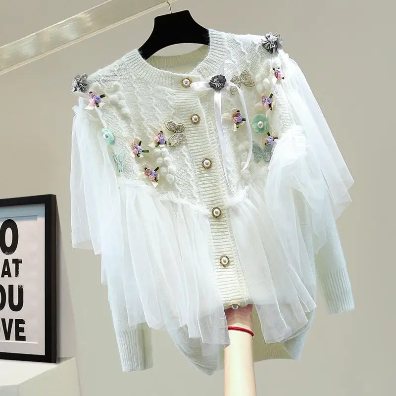 

Трикотажное пальто-свитер с вышивкой в сеточку; Женская свободная цветочный кардиган с бантом; Сезон весна-осень; Кардиган-свитер