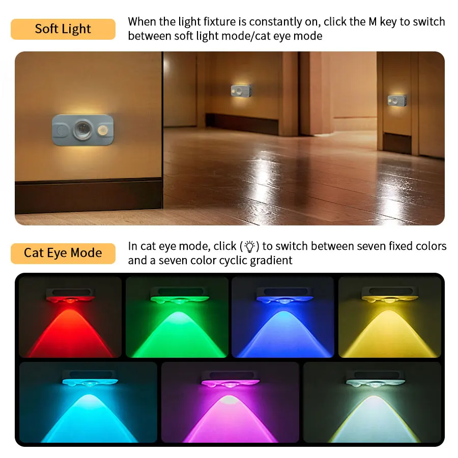 Body Sensor Night Light Side Glow Cat Eye RGB Dimming Magnetic Cabinet Light USB Rechargeable Bedroom Corridor Sensor Lights