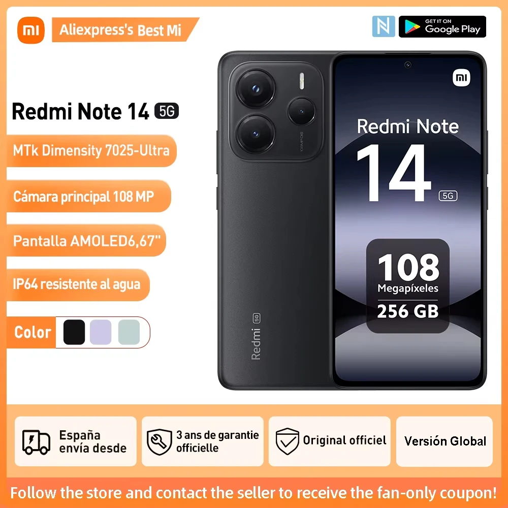 XIAOMI Redmi Note 14 5G,120 Hz,display AMOLED da 6,67 pollici,8 + 256 GB,smartphone con processore Dimensity 7025 Ultra,108 MP,batteria da 5110 mAh,con caricabatterie,senza NFC,ciano