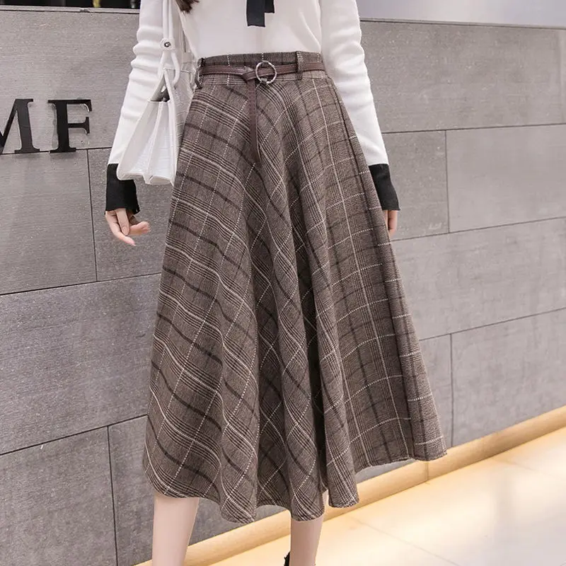 Women's Autumn Winter New Fashion Elegant Vintage Plaid Lace Up Casual Versatile High Waist Loose Mid Length Half Length Skirt