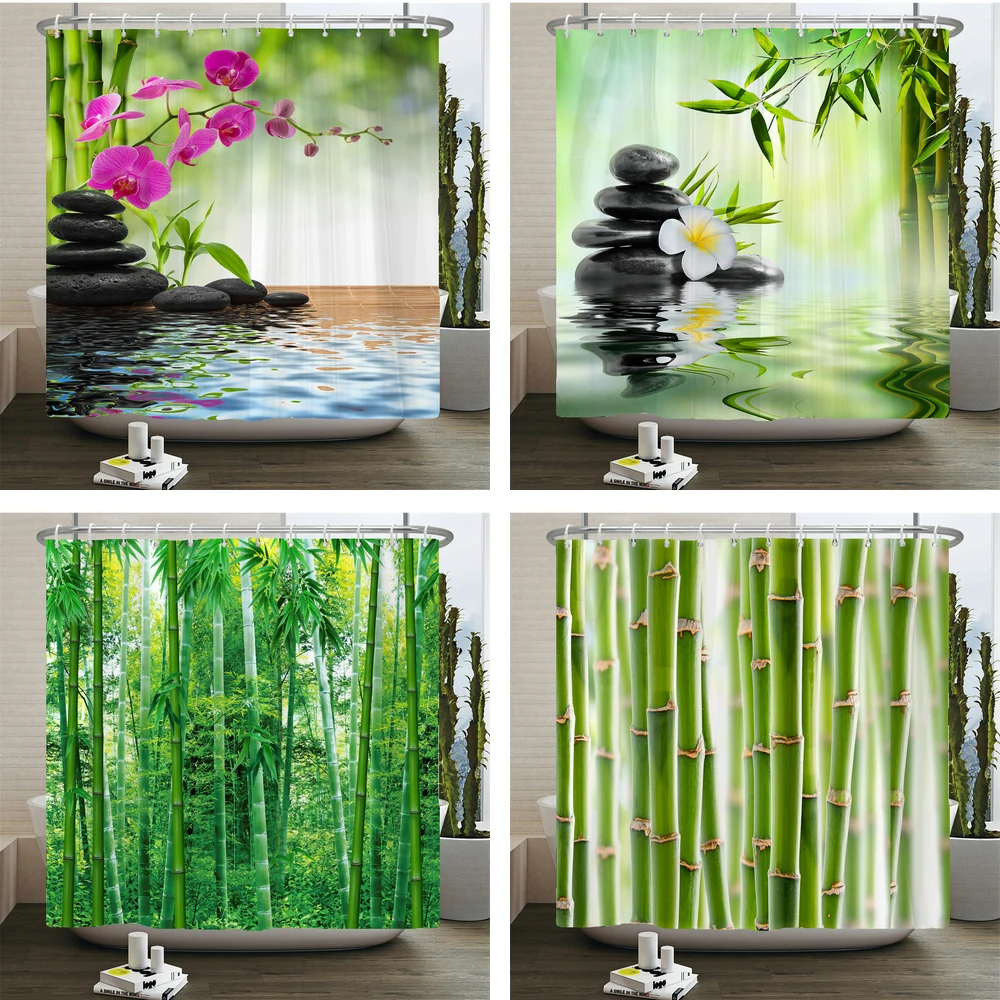 

Водонепроницаемая занавеска для душа с бамбуковыми зелеными растениями, занавеска для ванны с 3d принтом, Полиэстеровая ткань для ванной с 12 крючками, занавеска для ванной дома
