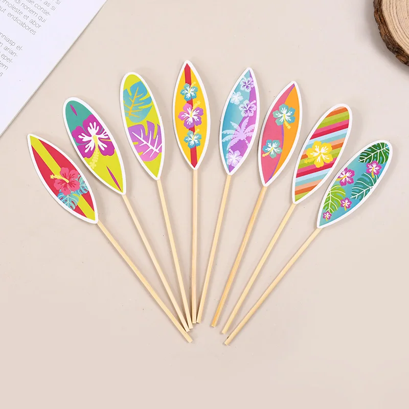 8/16Pcs Hawaiian Surfboard Cupcake Topper for Tropical Summer Luau Birthday Party Cake Decoration Beach Pool Wedding Supplies