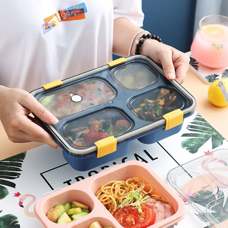 

Hermetic 4 Grids Lunch Box Portable Microwavable Bento Box Leakproof Rectangle Adults Student Food Storage Box with Spoon Fresh