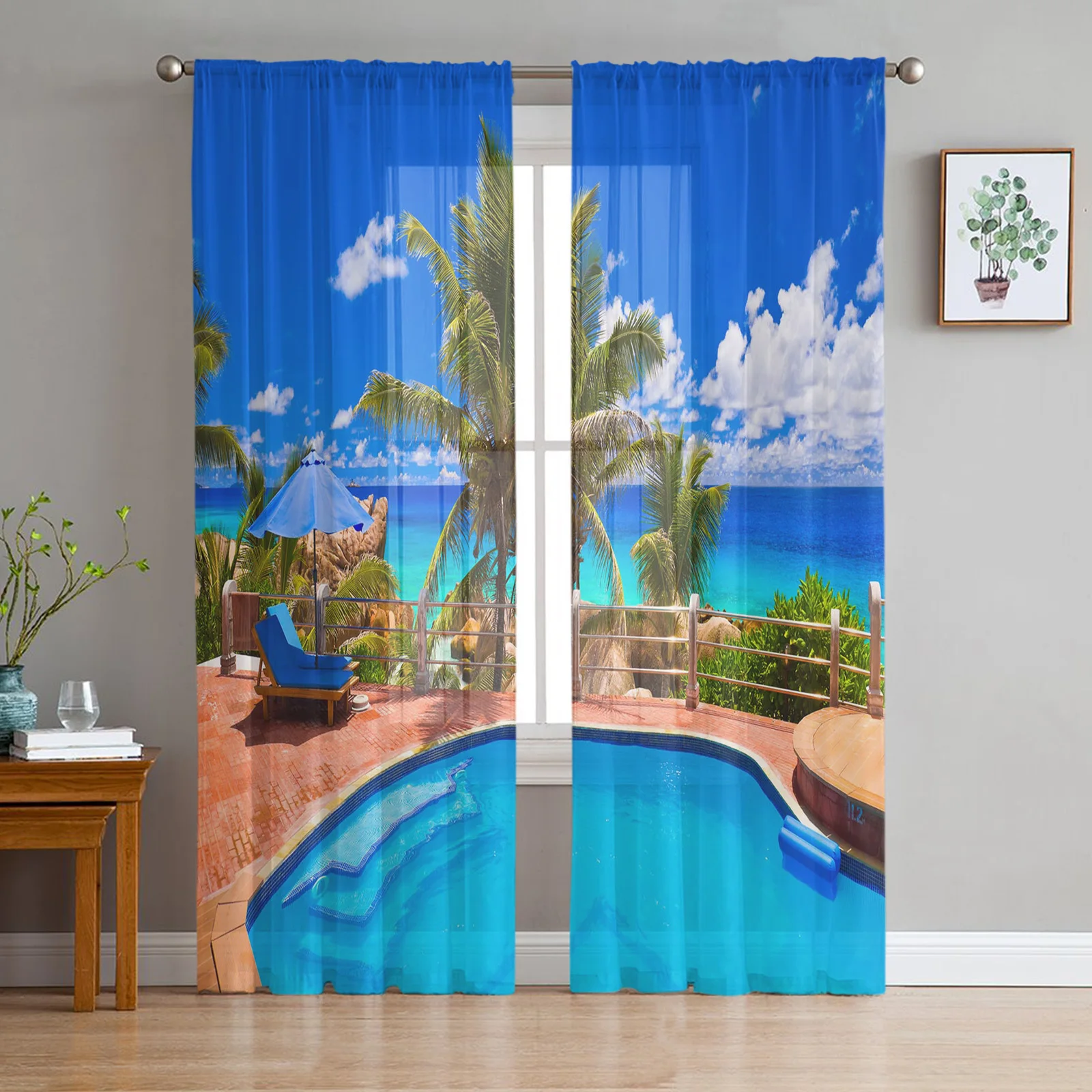 Tropical Beach Swimming Pool Tulle Sheer Curtains Living Room Decoration for the Room Bedroom