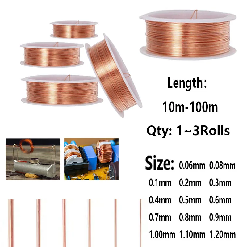 Enameled Coppers Magnet Wire 0.06mm-1.2mm 3-1Rolls Winding Coil Cable Lacquered Coppers Wire 10-100 Meters Length