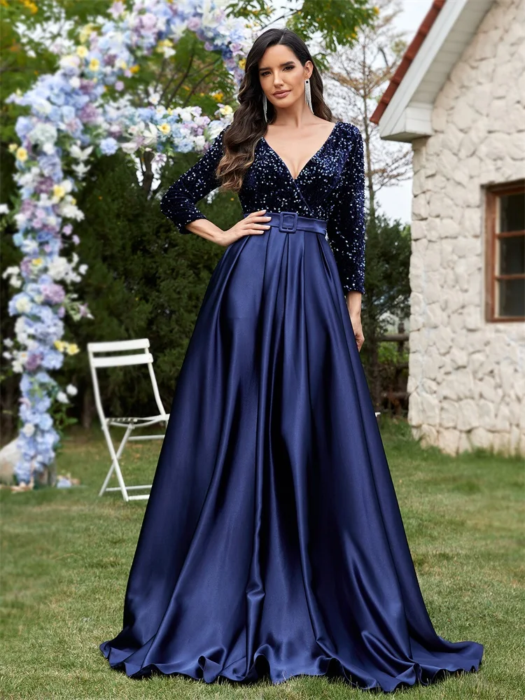 

Lucyinlove Luxury Long Sleeve V-Neck Satin Formal Evening Dress 2024 Elegant Wedding Party Sequins Women Prom Cocktail Dresses